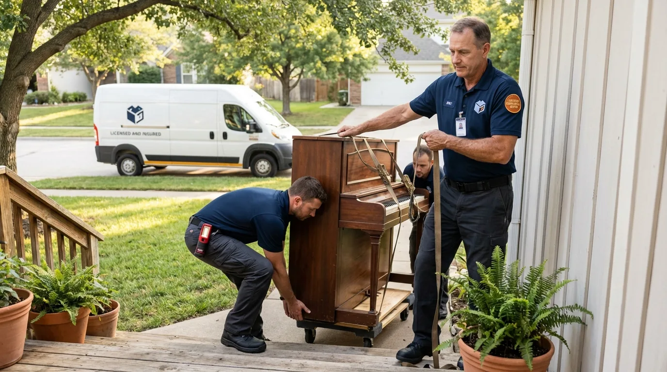 Licensed piano movers securing grand piano in Bridgeport, PA