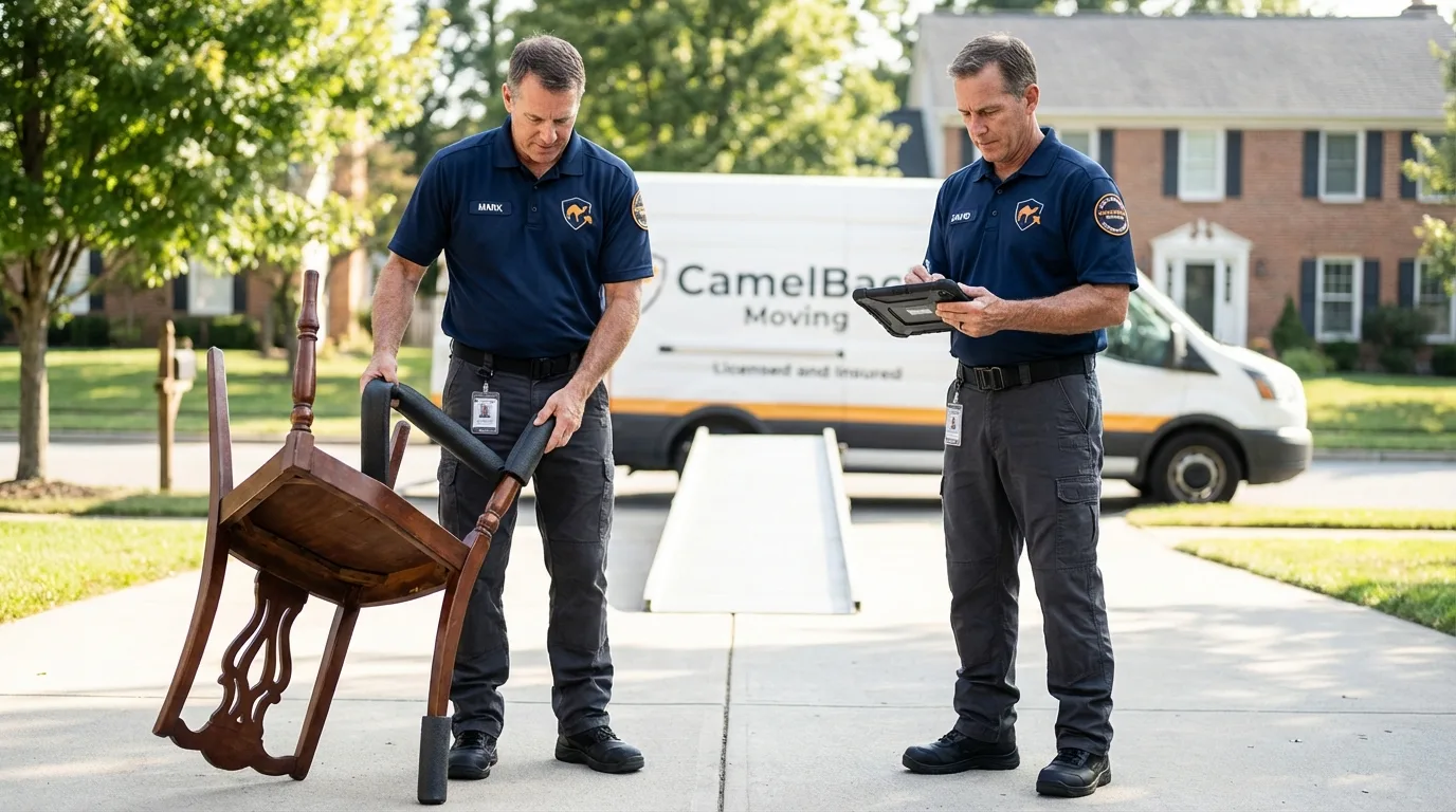 Movers inspecting furniture for damage prevention before loading in Bridgeport, PA