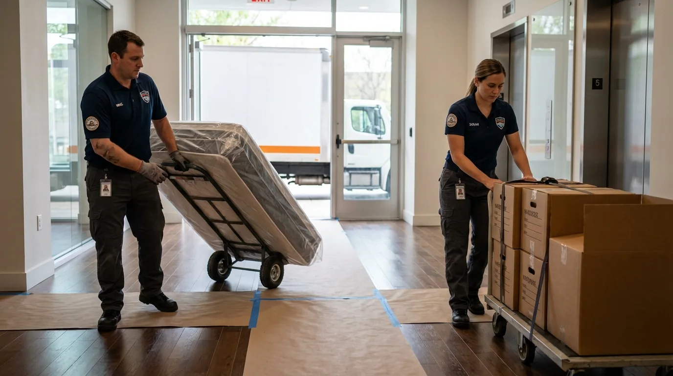 Professional apartment movers loading elevator in Bridgeport, PA